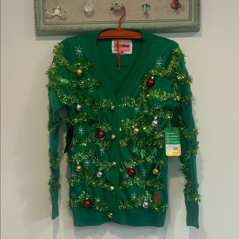 Tipsy Elves Ever Green Holiday Tinsel Cardigan Red & Gold Accents balls/bells M